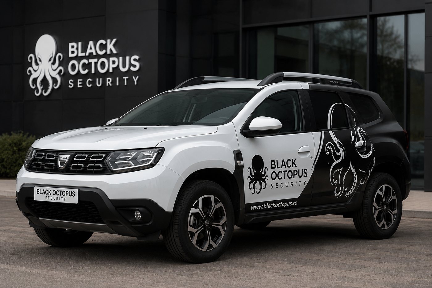Autospecială de intervenție Black Octopus Security, inscripționată cu logo-ul companiei